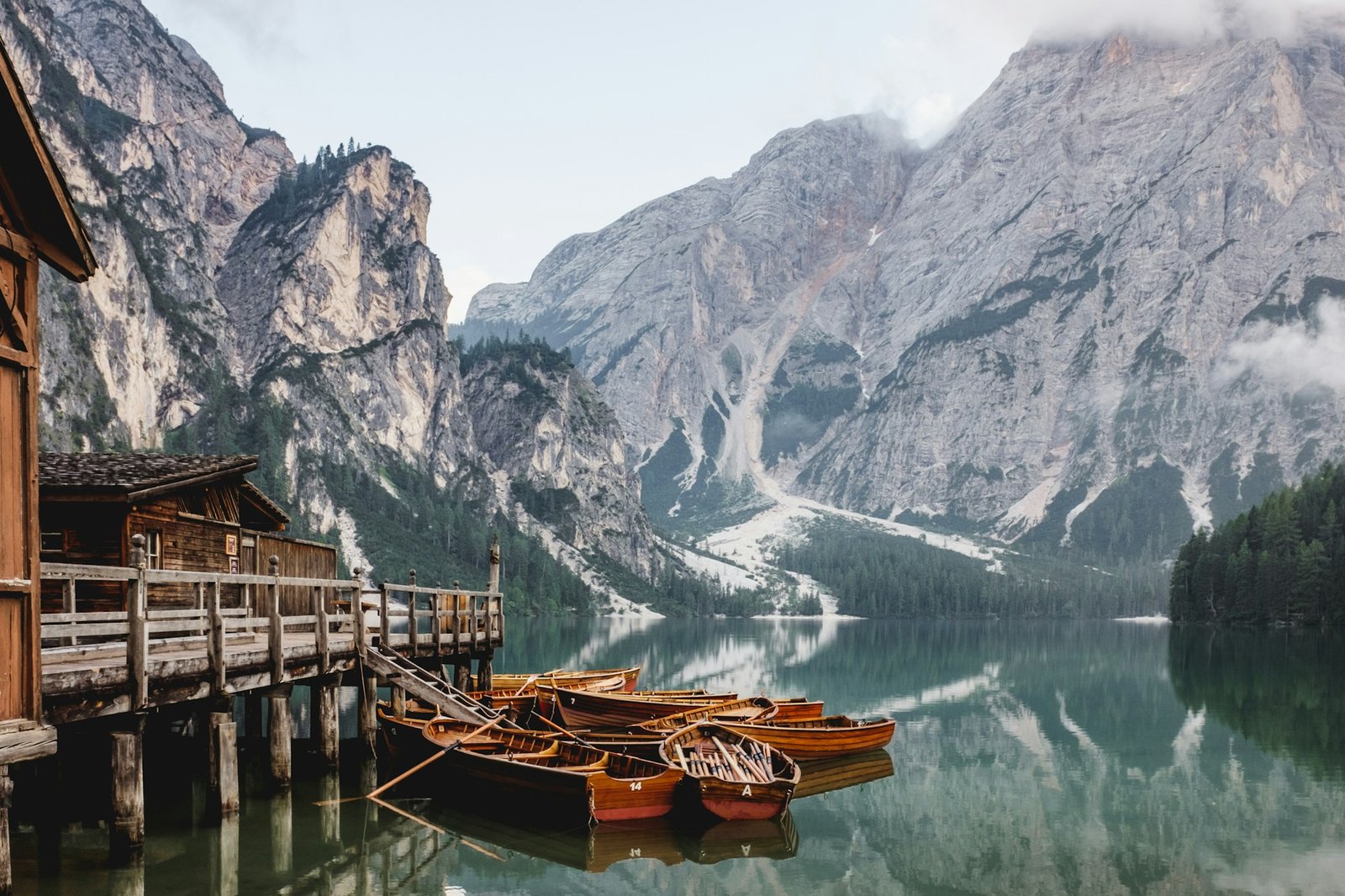 Scenic mountain lake with boats